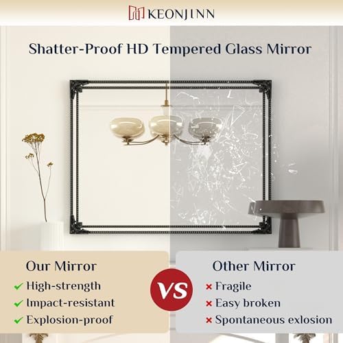 Keonjinn 24x36 Inch Black Antique Vintage Mirror, Brass Baroque Mirror - Image 3