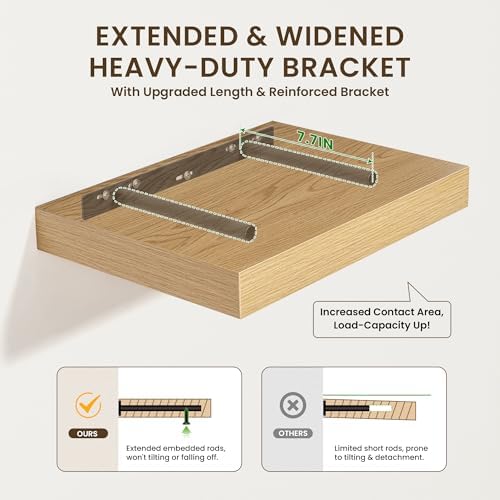 FLYJOE 12 Inch Deep Floating Shelves, 16 Inch Oak Wall Shelves Set of 2 - Image 4