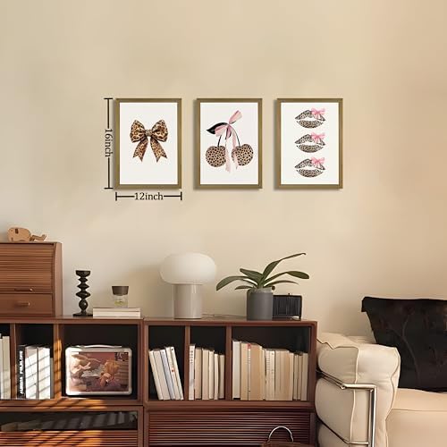 Framed Leopard Print Wall Art Set of 3, Cute Cherry Lips Bow Canvas Posters - Image 4