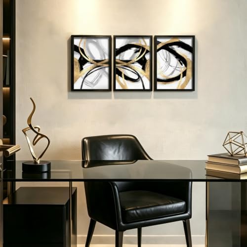 LYYGLYY 3Pcs Black Framed Black Gold and White Canvas Wall Art 12x16 Inches - Image 2