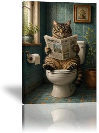 Funny Cat Newspaper Poster Morning News Reading Canvas Wall Art by Unknown