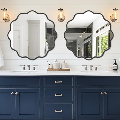 PROHOMEWARE Black Round Mirror 36 Inch Wavy Bathroom Vanity Mirror Black Frame - Image 2