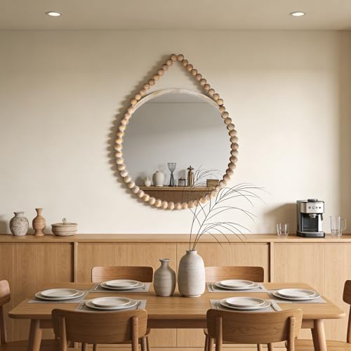 POZINO Wood Round Mirror, Boho Circle Mirror - Image 5