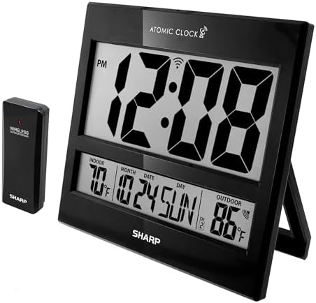 Sharp Atomic Digital Wall Clock, Indoor/Outdoor Temp Sensor by SHARP