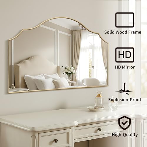 Besdomus Gold Scalloped Wall Mirror: 47"x31" Large Wooden Fireplace Mirror - Image 2