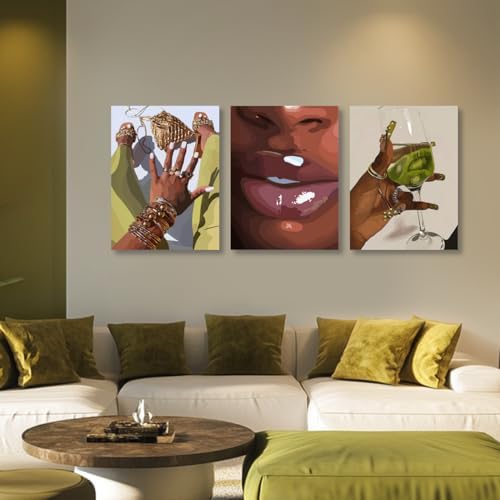 Hianan Wrapped Canvas Fashion Black Woman Wall Art Set of 3, 12x16 in - Image 3