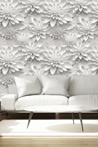 White Gray Lotus Floral Peel and Stick Wallpaper Visual 3D Effect - Image 2