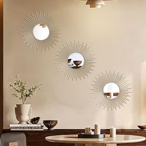 3 Pack Metal Mirrors for Wall Sunburst Wall Mirror Silver Wall Art Décor - Image 3