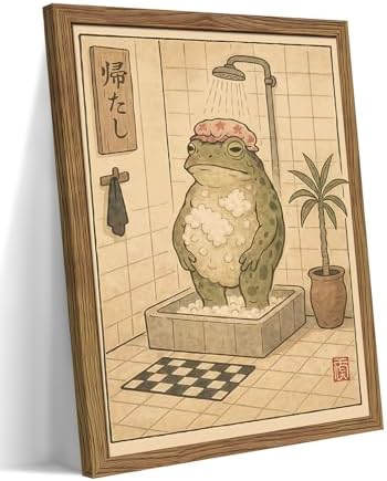Framed Vintage Frog Bathroom Wall Art, Funny Cute Green Frog in Bubble Bath by FSYSART