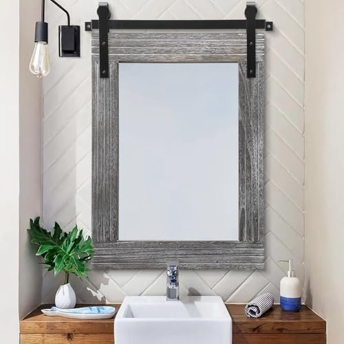 AAZZKANG Barn Door Rustic Mirror Large Wood Framed Wall Mirror 30"x22" - Image 3