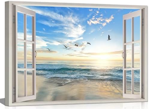 Birnsen Coastal Window Canvas Wall Art Ocean Beach Sunset Painting Picture Wall by Birnsen