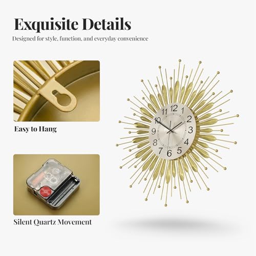 Cuspin Large Gold Wall Clock 30 Inch Mid Century Sunburst Decorative Clock - Image 6