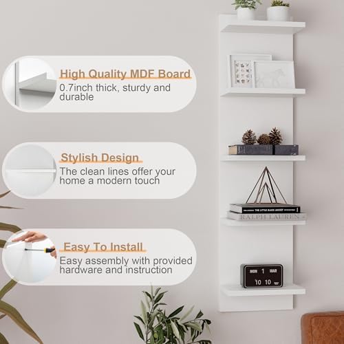 5 Tier White Floating Wall Shelf Unit, Vertical Storage Tower - Image 5