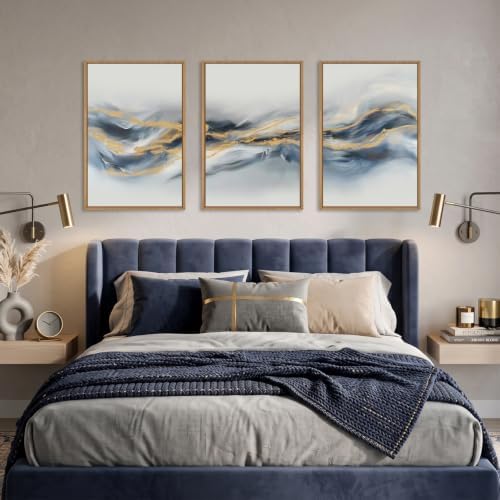 Aryroi Large Abstract Navy Blue Gold Framed Canvas Wall Art Set- 24"x36"x3 - Image 4
