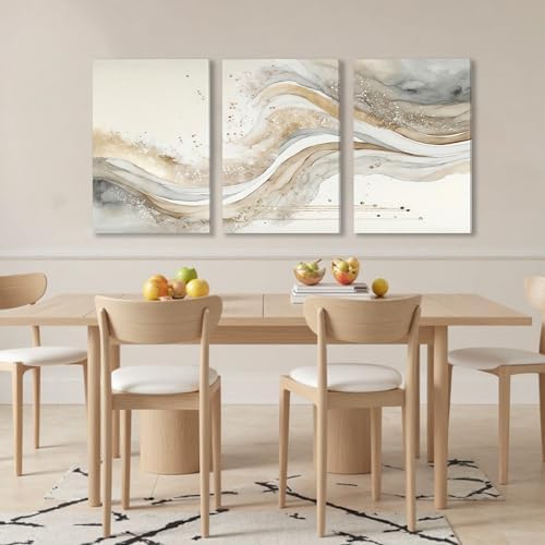 AVECCO Triptych Abstract Gold Grey Wave Wrapped Wall Art Canvas 16x24 Inch - Image 2