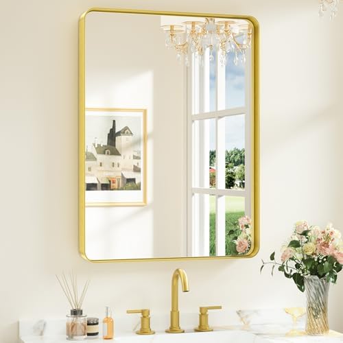 Keonjinn 24 x 32 Inch Brushed Gold Bathroom Vanity Mirror, Tempered Glass by Keonjinn