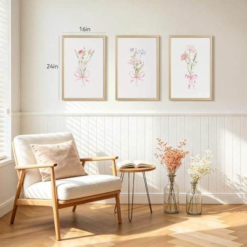 YZELY Pink Bow Floral Wall Art Set of 3, Watercolor Wildflower Bouquet Wall - Image 3