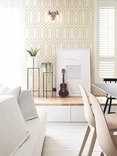 Safiyya 393"x17.3"Peel and Stick Wallpaper Geometric White and Gold Contact - Image 5
