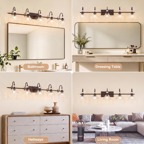 5-Light Oil Rubbed Bronze Vintage Bathroom Vanity Light w/Flower Shade - Image 6