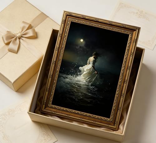 Vintage Gold Framed Woman Canvas Wall Art Dark Academia Gothic Painting Picture - Image 5