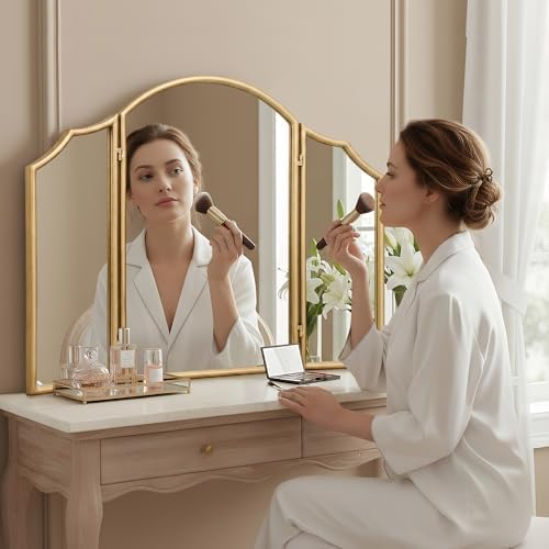 Besdomus Gold Scalloped Vanity Mirror: 36"x24" Three Sided Dresser Miror - Image 2