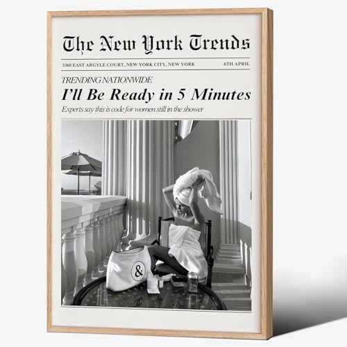 Trendy Newspaper Wall Art 16x24in Wood Grain Frame Vintage Black and White by Unknown