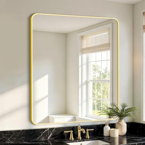 Vanity Bathroom Mirror, 36”x30” Gold Bathroom Mirror by LawadaMirror