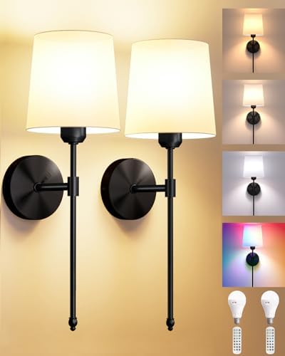 Battery Operated Wall Sconces Set of 2, Remote Control, RGB Bulb by Ouyulong