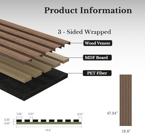 MISSDAY Wood Slat Acoustic Wall Panels, 2 Packs 47.2" x 12.6" Walnut Soundproof - Image 6