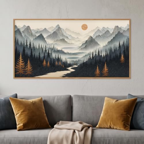 Boho Misty Forest Mountain Framed Canvas Wall Art Set -20"x40" by Ausril