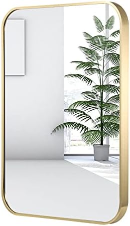 24x36 Inch Gold Bathroom Mirror, Brushed Brass Gold Metal Framed Rectangular by JENBELY