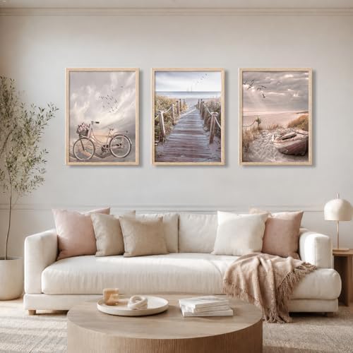 Beach Canvas Wall Art Neutral Coastal Canvas Pictures Vintage Bicycle Wooden - Image 2