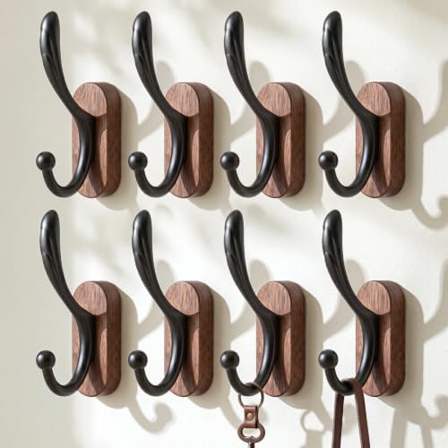 8 Pack Wall Mounted Coat Hooks, Walnut Wood & Black Metal Double Hooks by POZEAN