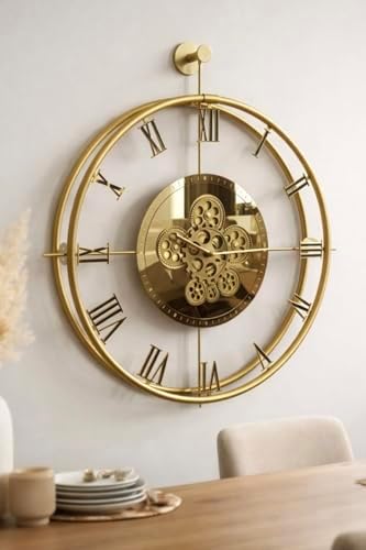 Large Moving Gear Wall Clock – Luxury Metal Ring Roman Numeral Silent by Unknown