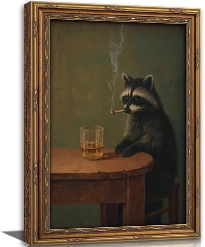 Vintage Gold Framed Smoking Raccoon Wall Art, Moody Dark Funny Animal Whiskey by VintageGoldFramedwallart
