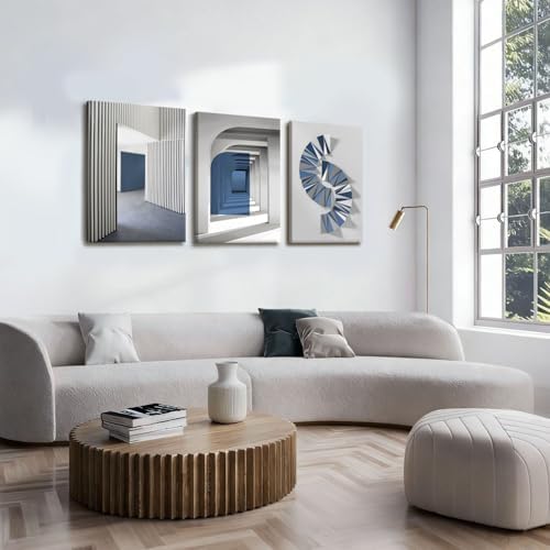 NCCXNCC 3pcs Blue-Grey Abstract Canvas Wall Art, 12x16 Inches Framed - Image 2