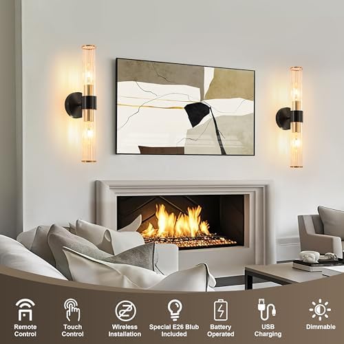 Black Gold Battery Operated Wall Sconces Set of Two, Sconces Wall Decor - Image 3