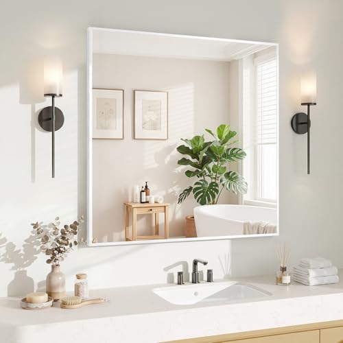 Koonmi White Rectangle Wall Mirror, 30x30 Inch Bathroom Mirror, Aluminum Frame by KOONMI