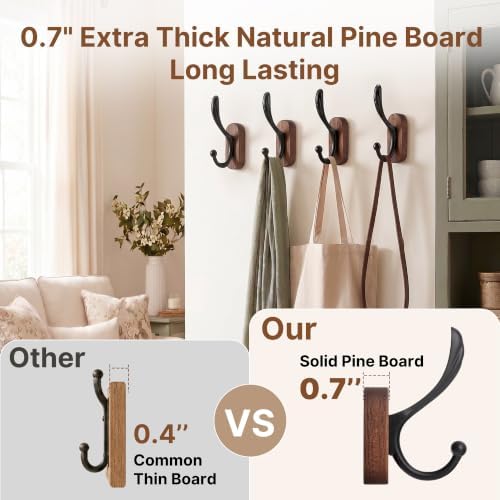 8 Pack Wall Mounted Coat Hooks, Walnut Wood & Black Metal Double Hooks - Image 3