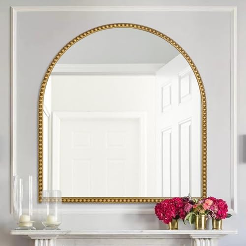 33x31 Inch Arched Bathroom Mirror, Antique Gold Wall Mirror Metal Beaded Frame - Image 2
