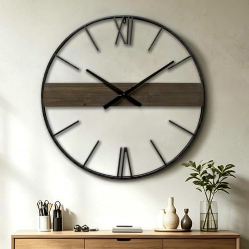 30 Inch Large Modern Wall Clock Oversized Rustic Wood Metal Frame Silent by BlueprintIvy