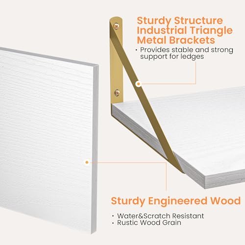Heimlove 16W x 12D Deep Floating Shelves Set of 2 White & Gold - Image 4