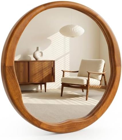 Warm Walnut 30 Inch Round Wood Wall Mirror, Asymmetrical Inner Edge by Pocetry