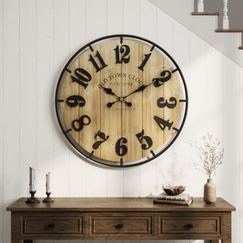 Farmhouse Wall Clock for Living Room Decor, 20 Inch Rustic Wood Metal Clock by TOKCLOCKS