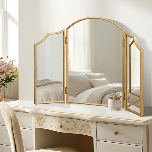 Besdomus Gold Scalloped Vanity Mirror: 36"x24" Three Sided Dresser Miror - Image 6