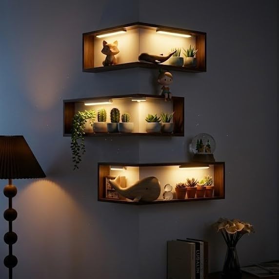 Floating Corner Shelves with LED Lights, 1-Tier Wall Mounted Wooden Corner by Unknown