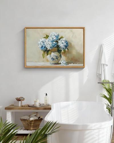 InSimSea Framed Canvas Art Hand-Painted Vintage Blue Hydrangea Art, Textured - Image 6