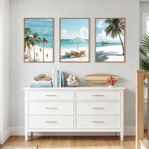 BINCUE Summer Beach Framed Wall Art, Surfboard Wall Decor Coastal, Palm Tree - Image 3