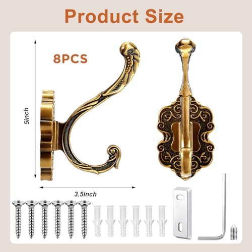 Zonon 8 Pcs Antique Gold Vintage Antique Coat Hooks Wall Mounted - Image 2