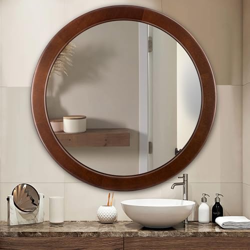 Round Mirrors 30 Inch, Wood Vanity Wall Rustic Mirror - Image 2